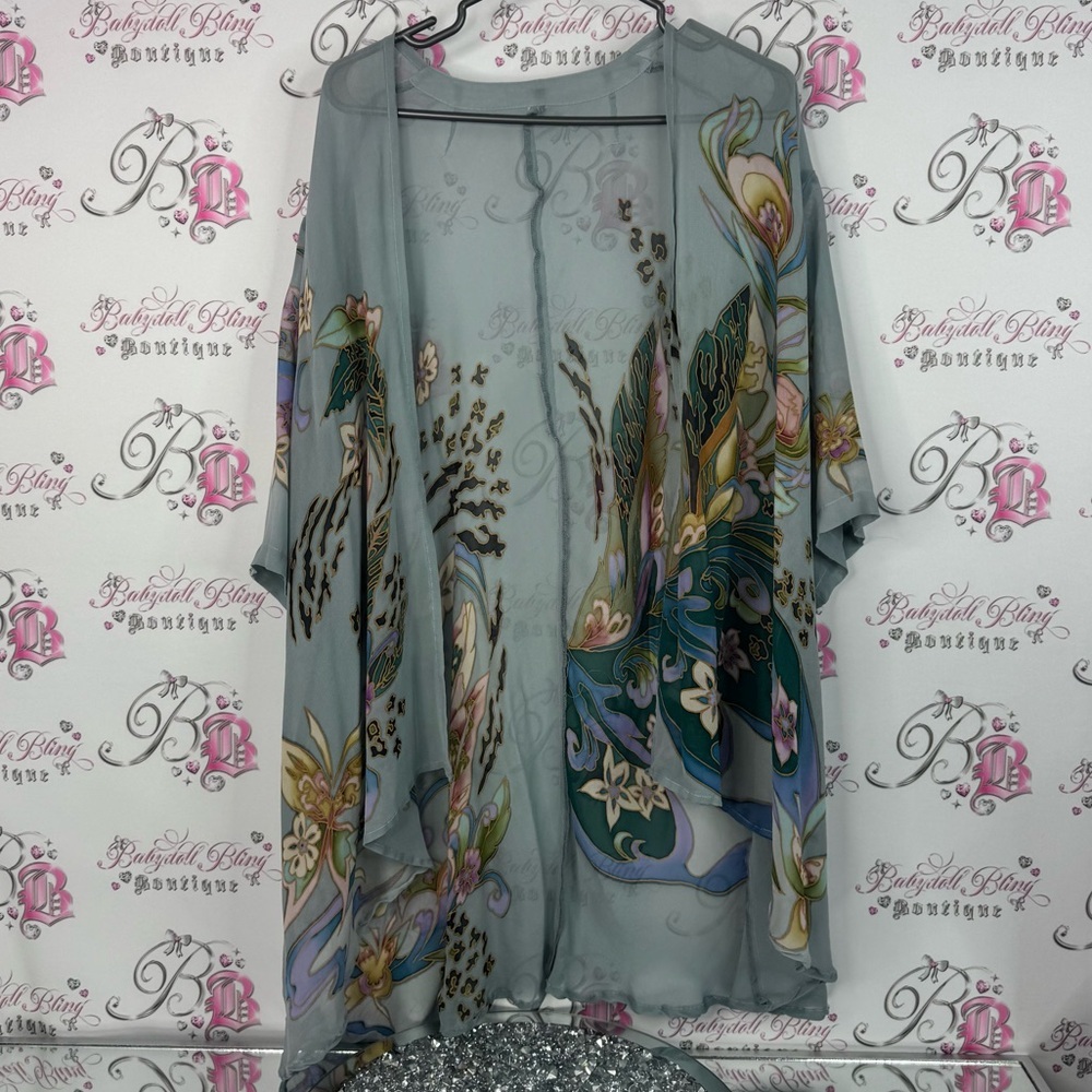 Kimono robe style flowy cardigan peacock 🦚 gold Floral Sheer Kimono coverup